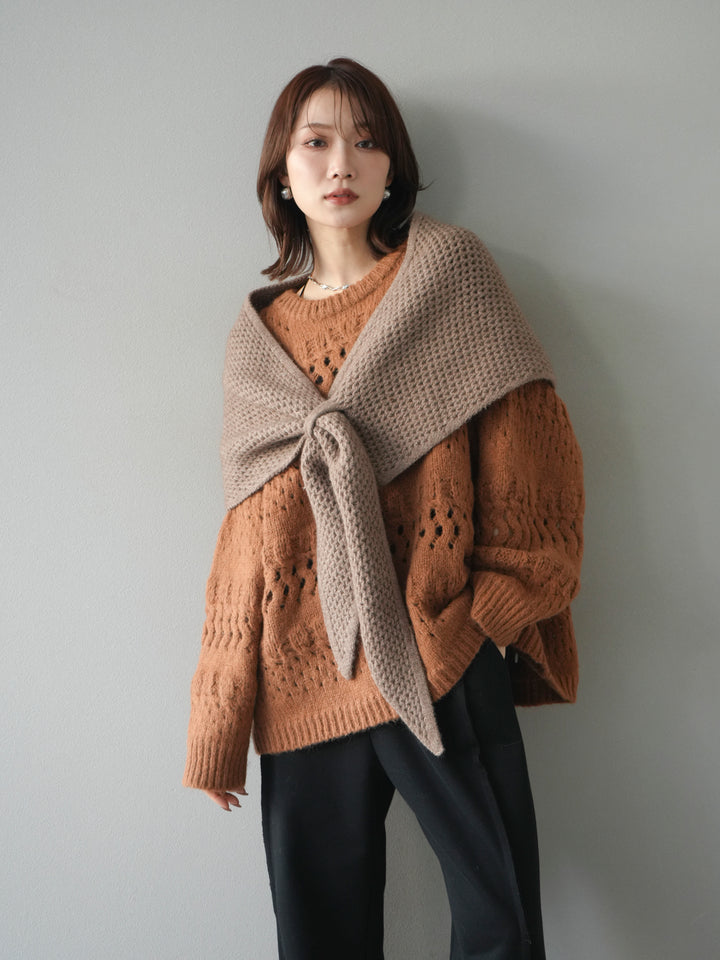 [予約]透かし編みクルーネックニットプルオーバー/brown