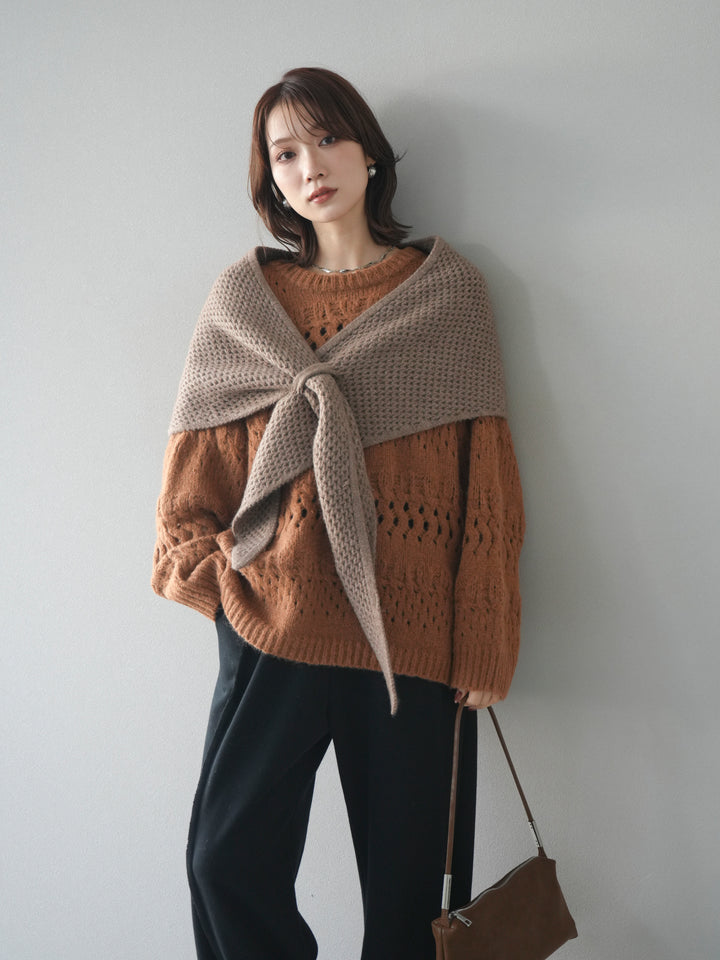 [予約]透かし編みクルーネックニットプルオーバー/brown