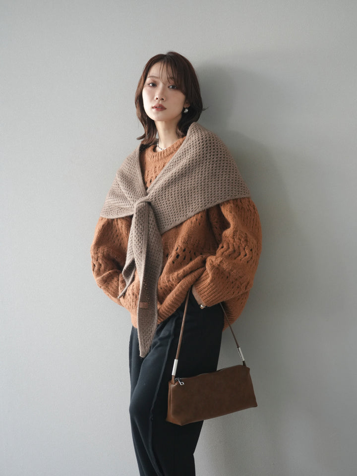 [予約]透かし編みクルーネックニットプルオーバー/brown