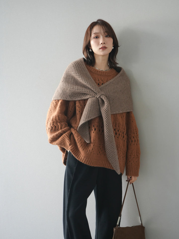 [予約]透かし編みクルーネックニットプルオーバー/brown