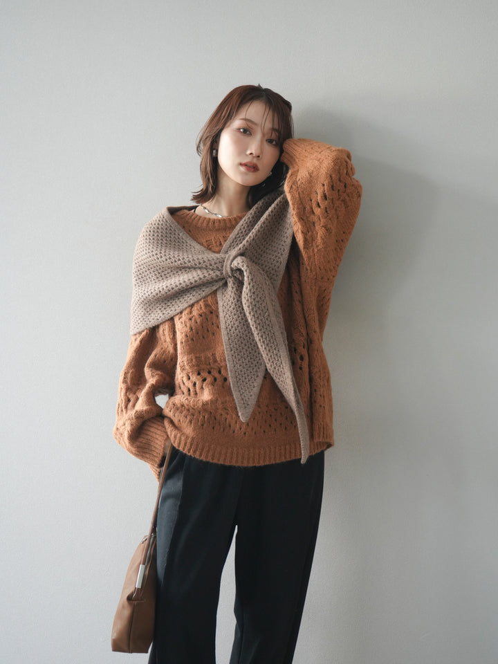 [予約]透かし編みクルーネックニットプルオーバー/brown