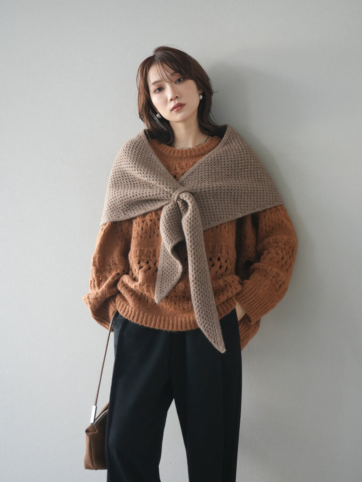 [予約]透かし編みクルーネックニットプルオーバー/brown