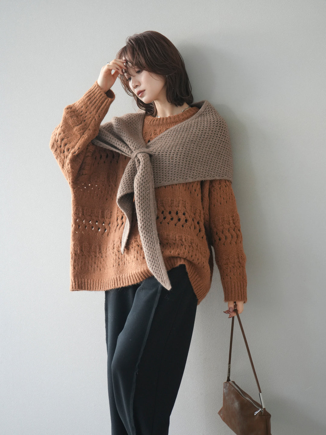 [予約]透かし編みクルーネックニットプルオーバー/brown