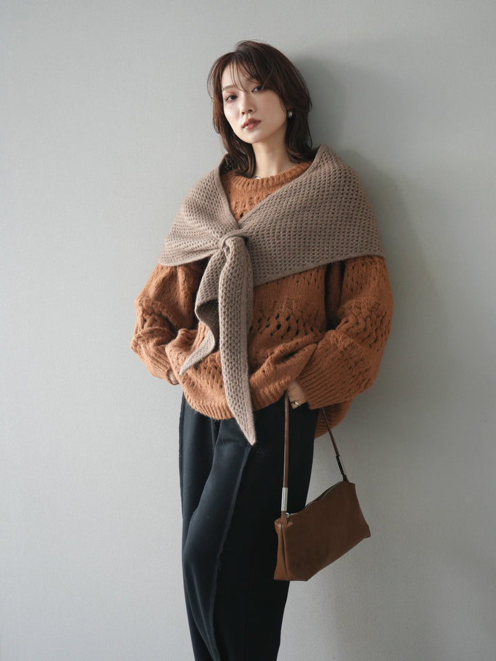 [予約]透かし編みクルーネックニットプルオーバー/brown