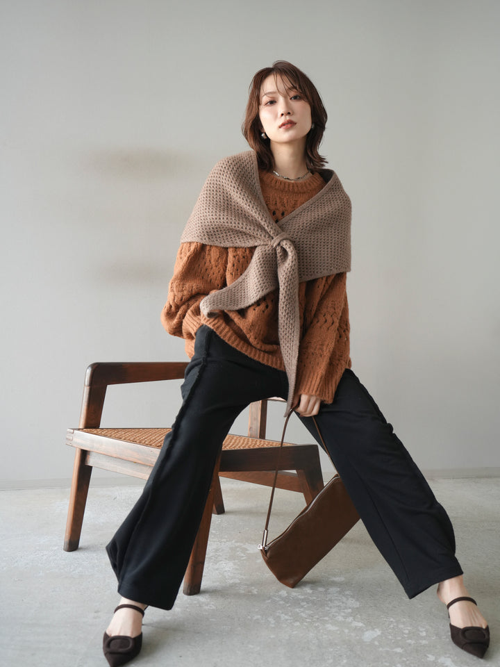 [予約]透かし編みクルーネックニットプルオーバー/brown