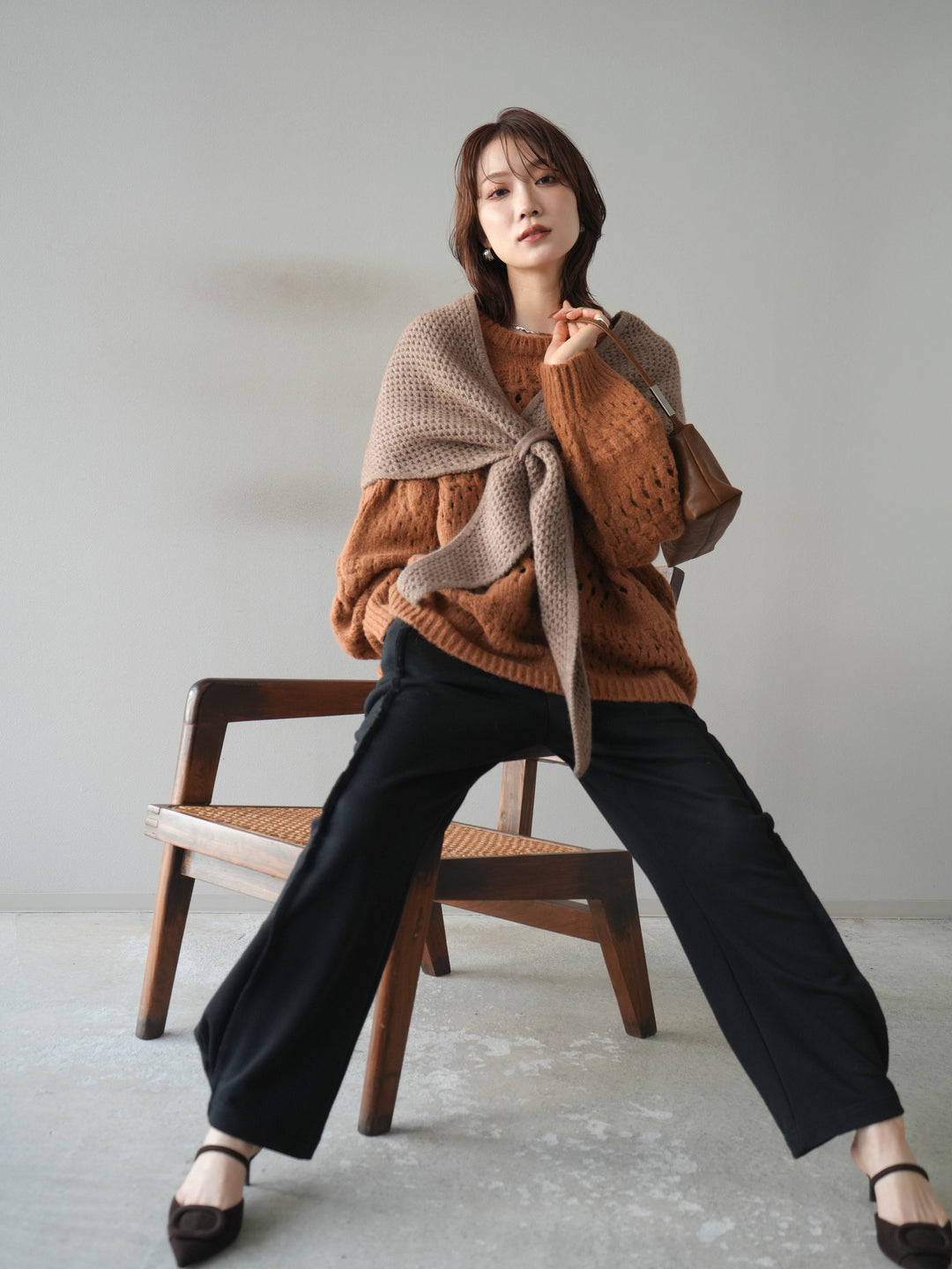 [予約]透かし編みクルーネックニットプルオーバー/brown