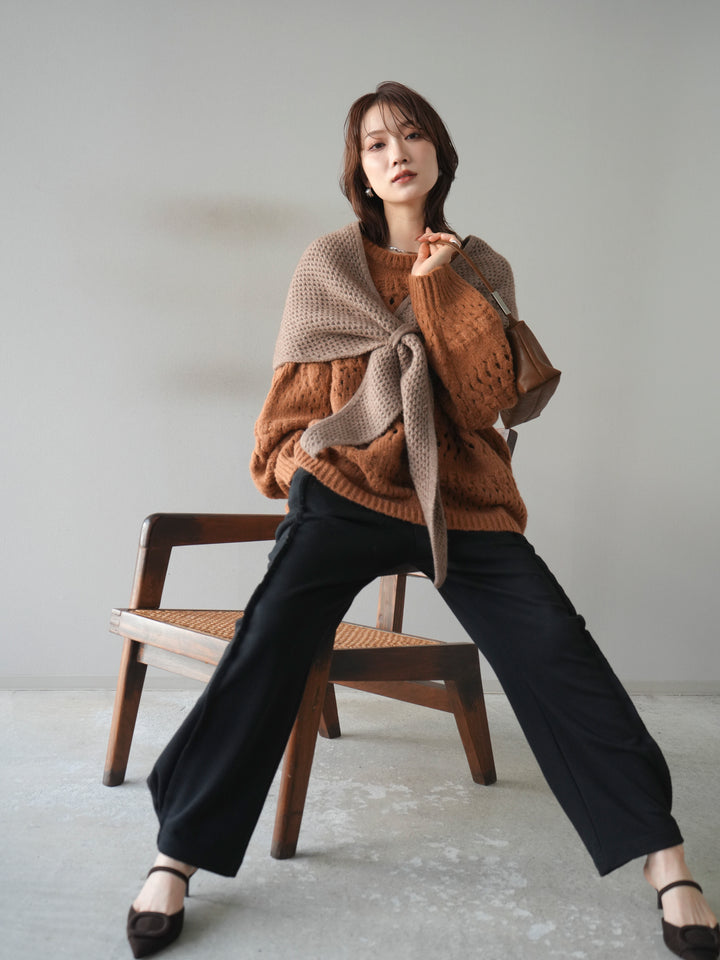 [予約]透かし編みクルーネックニットプルオーバー/brown