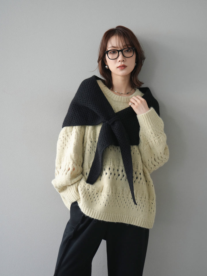 [予約]透かし編みクルーネックニットプルオーバー/green