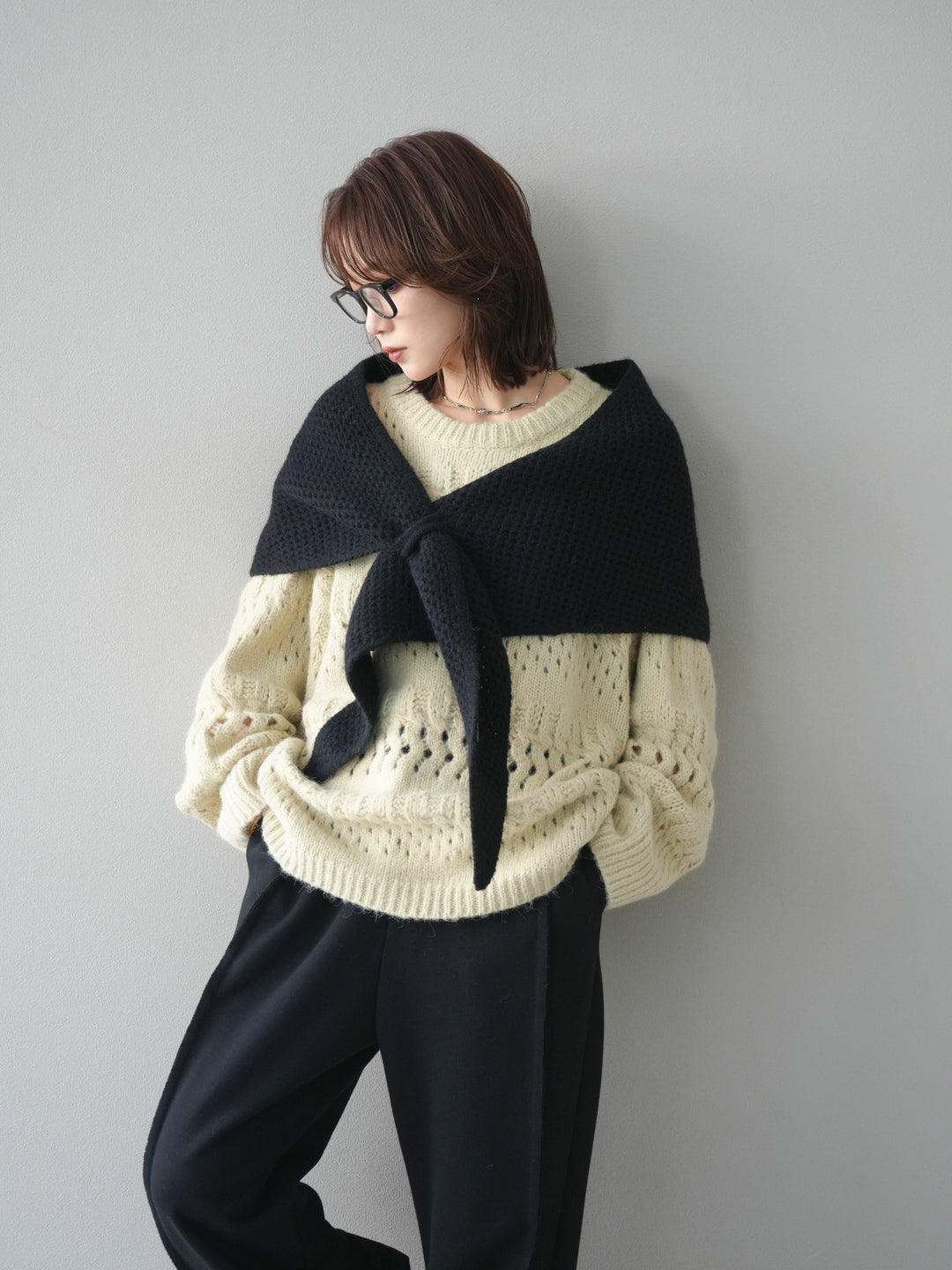 [予約]透かし編みクルーネックニットプルオーバー/green