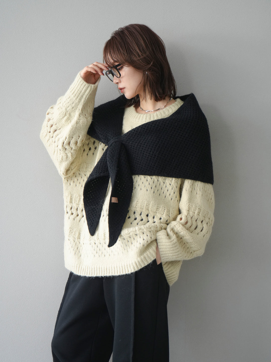 [予約]透かし編みクルーネックニットプルオーバー/green