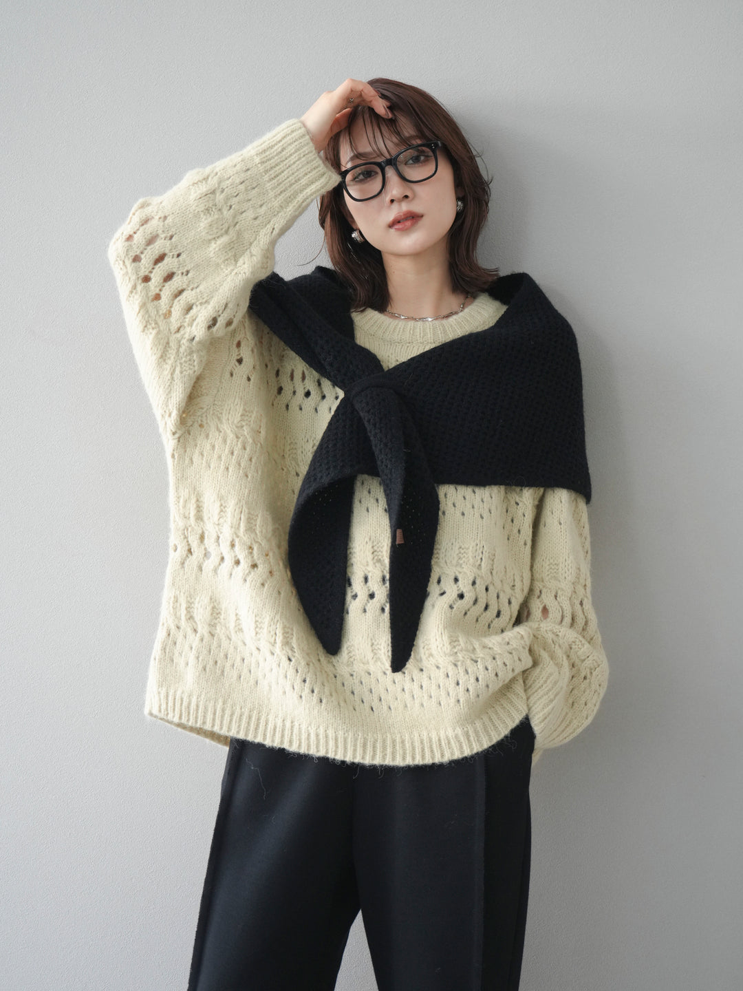 [予約]透かし編みクルーネックニットプルオーバー/green