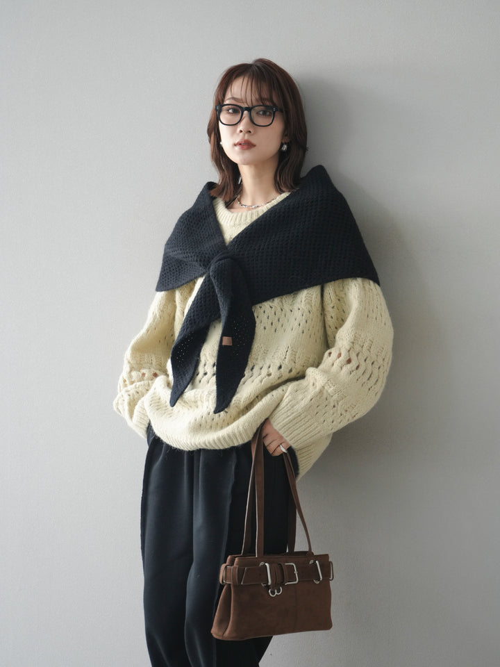 [予約]透かし編みクルーネックニットプルオーバー/green