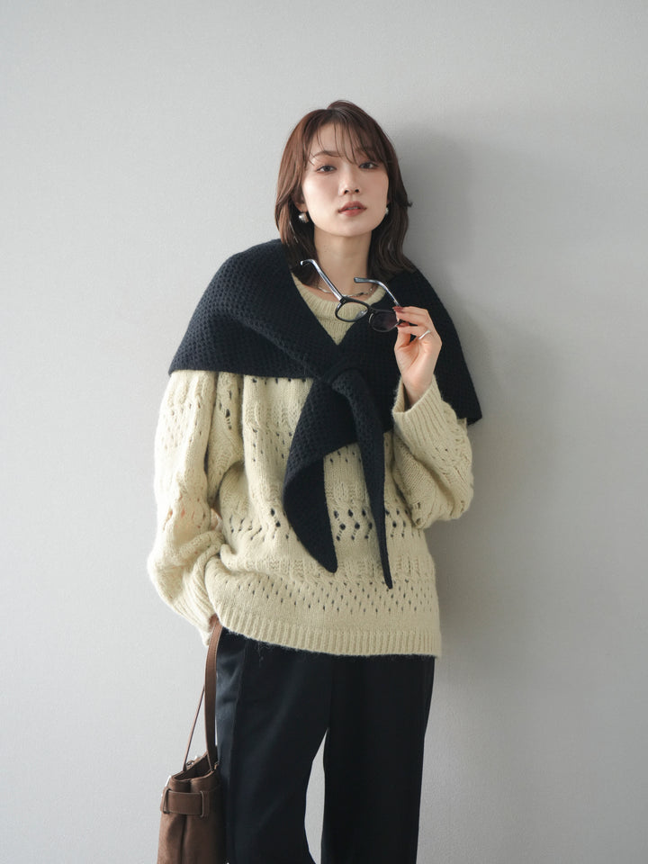 [予約]透かし編みクルーネックニットプルオーバー/green