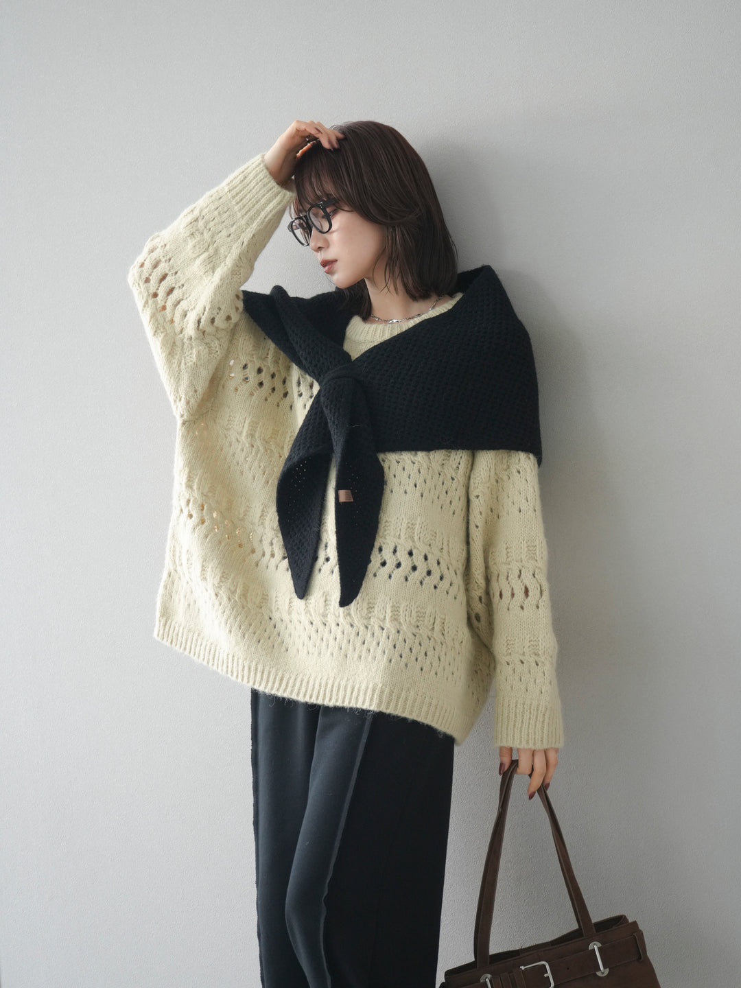 [予約]透かし編みクルーネックニットプルオーバー/green