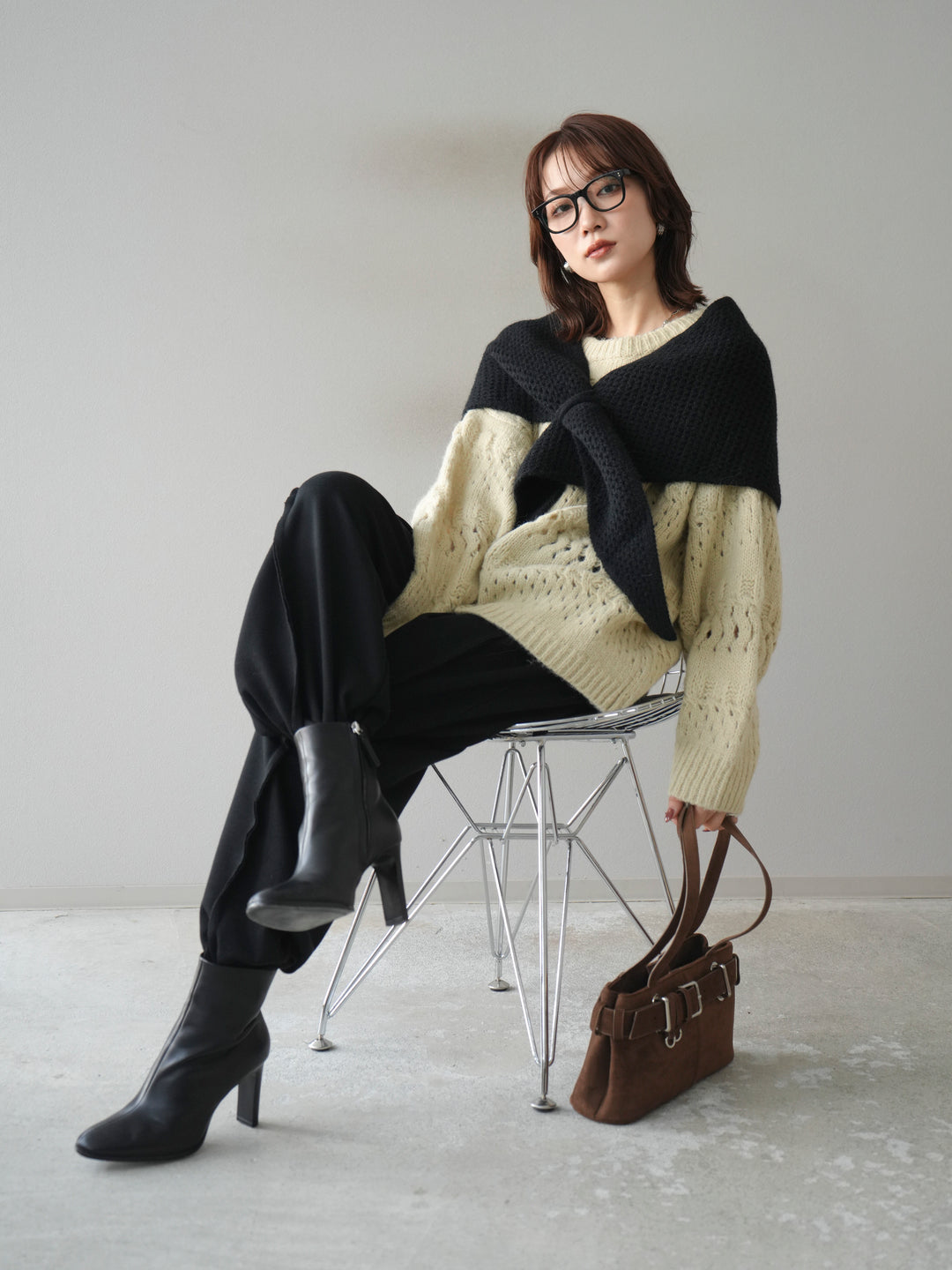 [予約]透かし編みクルーネックニットプルオーバー/green