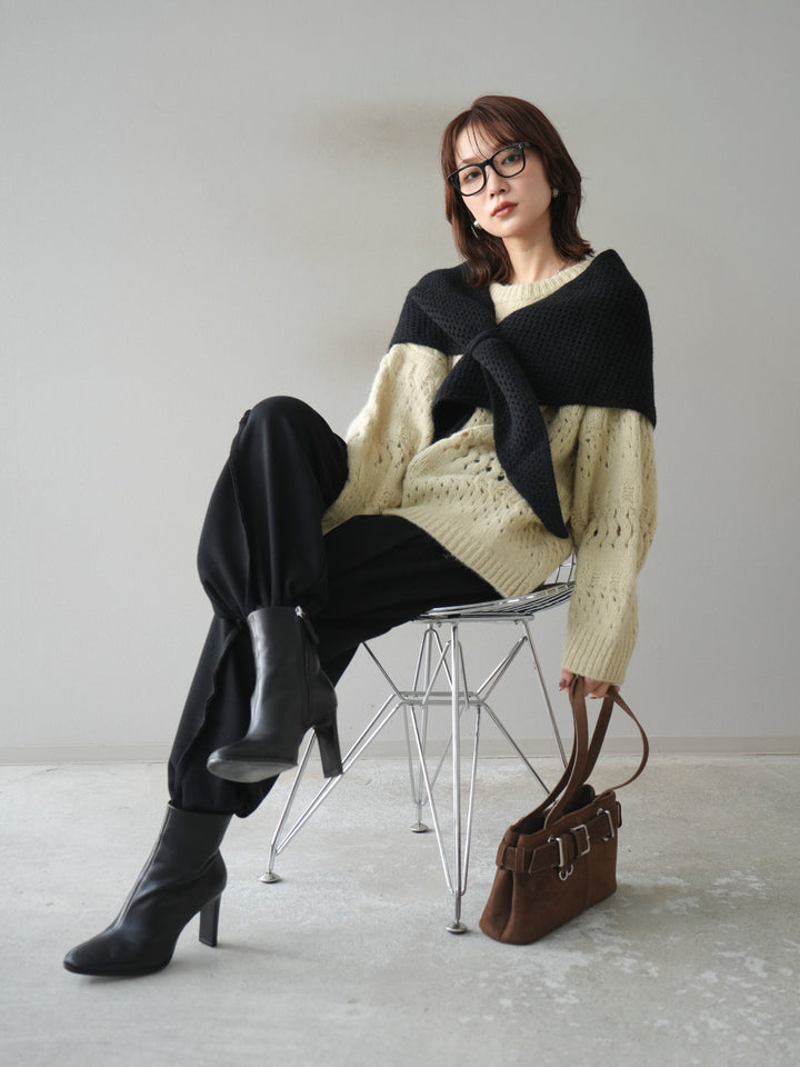 [予約]透かし編みクルーネックニットプルオーバー/green