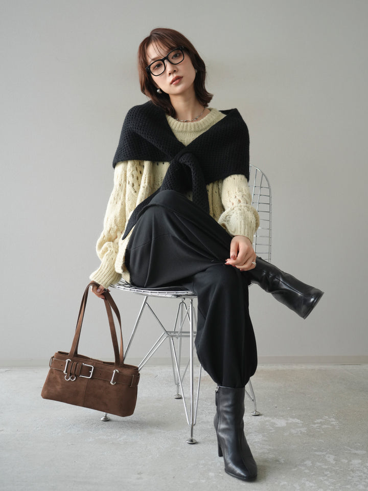 [予約]透かし編みクルーネックニットプルオーバー/green