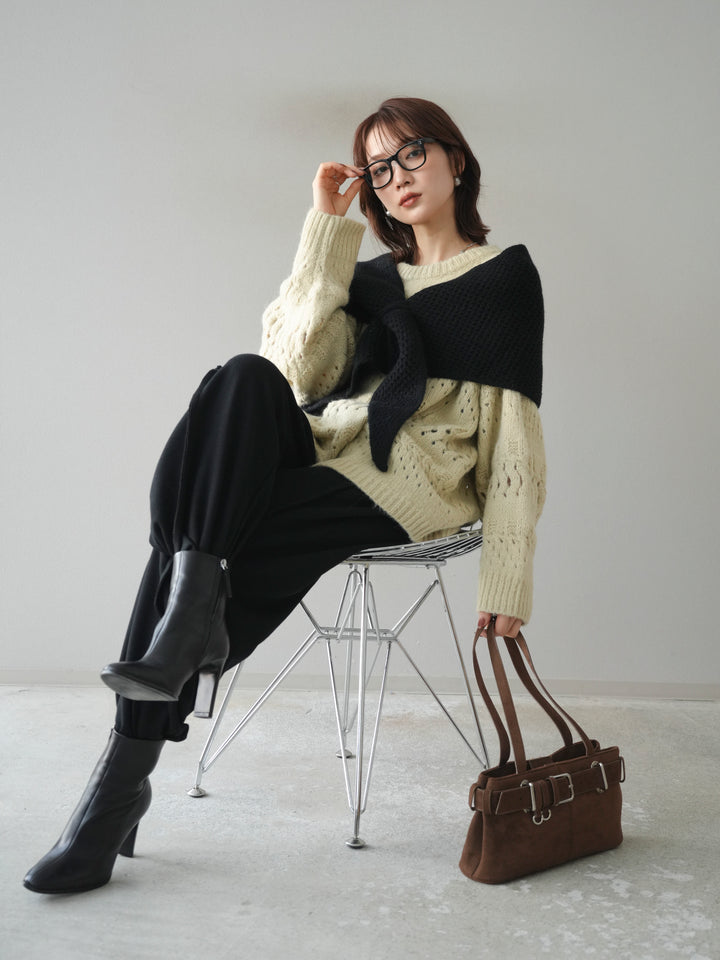 [予約]透かし編みクルーネックニットプルオーバー/green