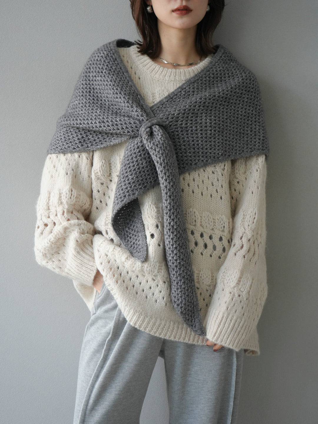 [予約]透かし編みクルーネックニットプルオーバー/ivory