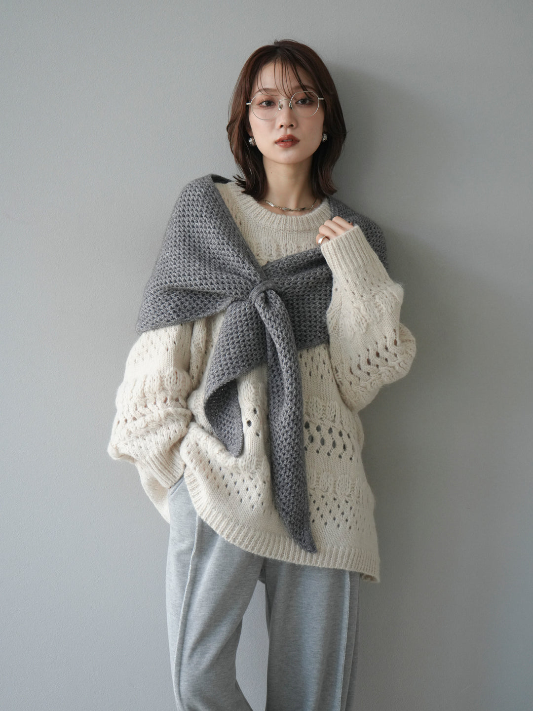 [予約]透かし編みクルーネックニットプルオーバー/ivory