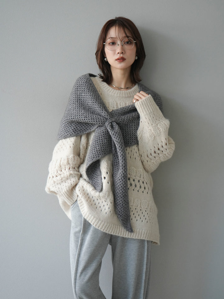 [予約]透かし編みクルーネックニットプルオーバー/ivory