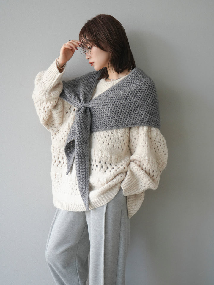 [予約]透かし編みクルーネックニットプルオーバー/ivory