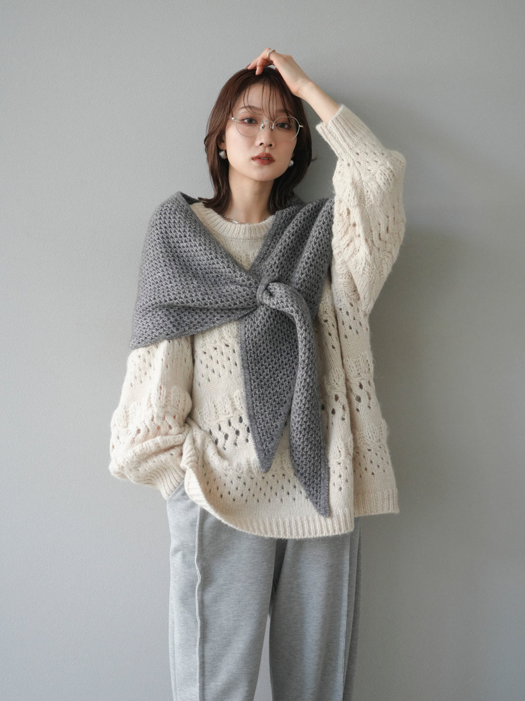 [予約]透かし編みクルーネックニットプルオーバー/ivory