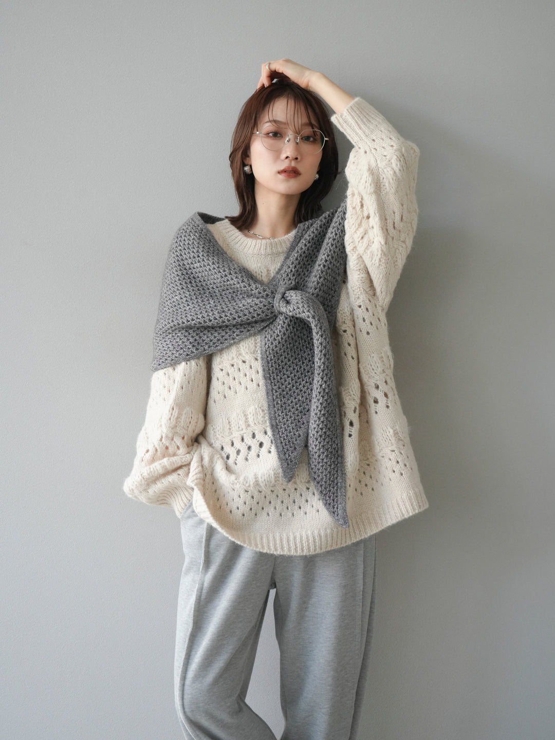 [予約]透かし編みクルーネックニットプルオーバー/ivory