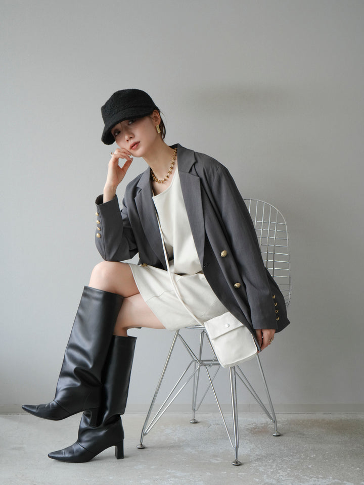 [SET]ゴールドボタンツイルダブルテーラードジャケット+ショルダーポーチ付スウェードミニワンピース(2set)