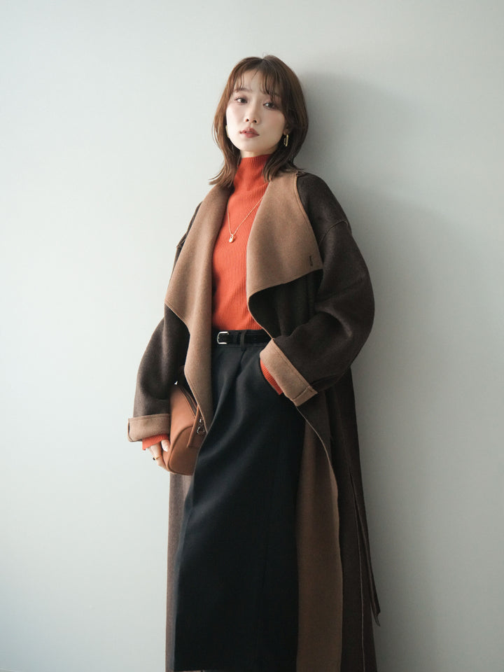 [予約]ダブルフェイスバイカラーロングコート/brown