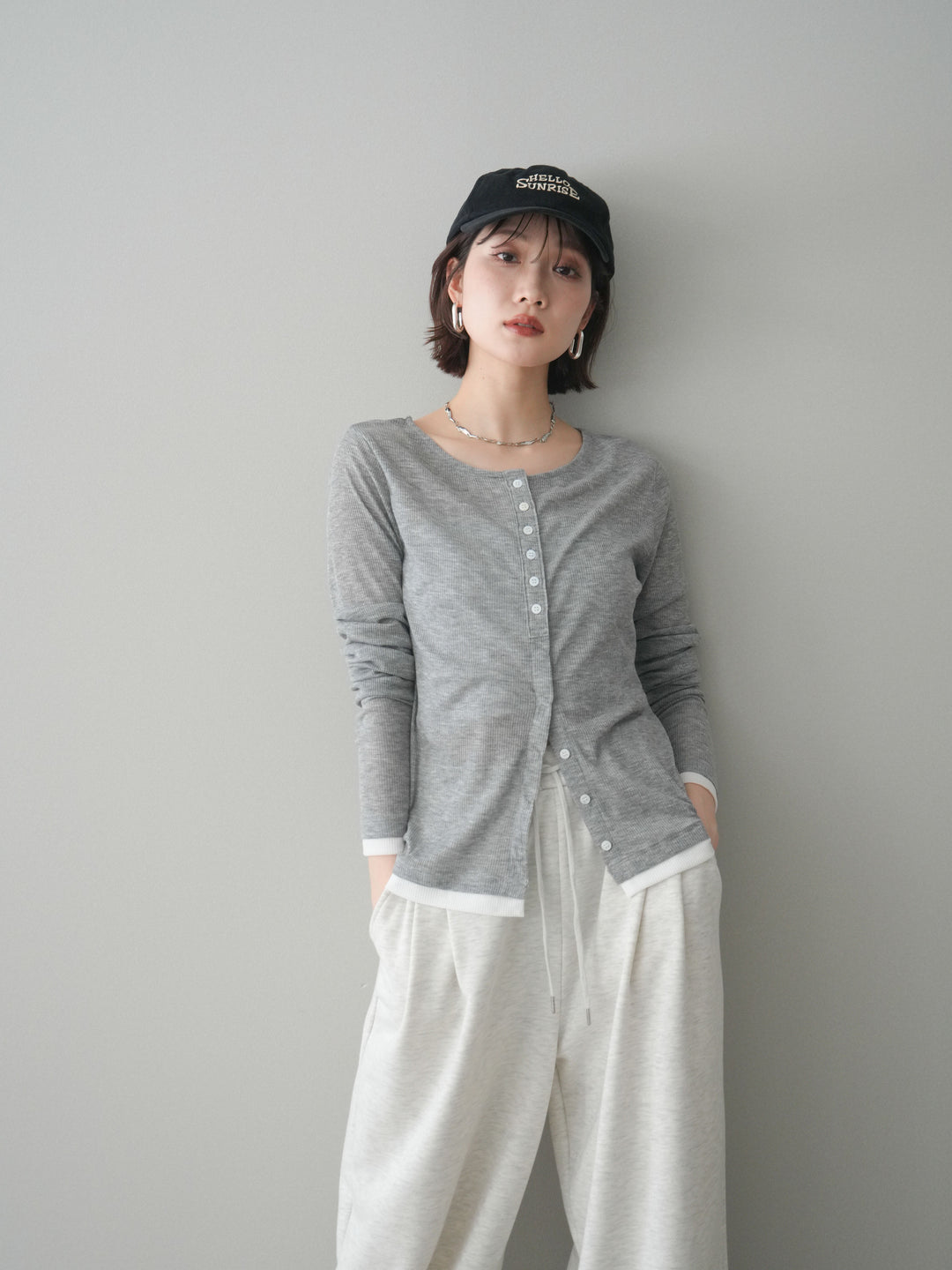 [予約]シアーリブバイカラーカーディガン/gray