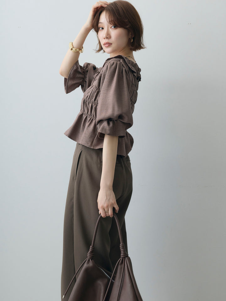[SET]フリルネックシャーリングブラウス+選べるアクセセット(2set)