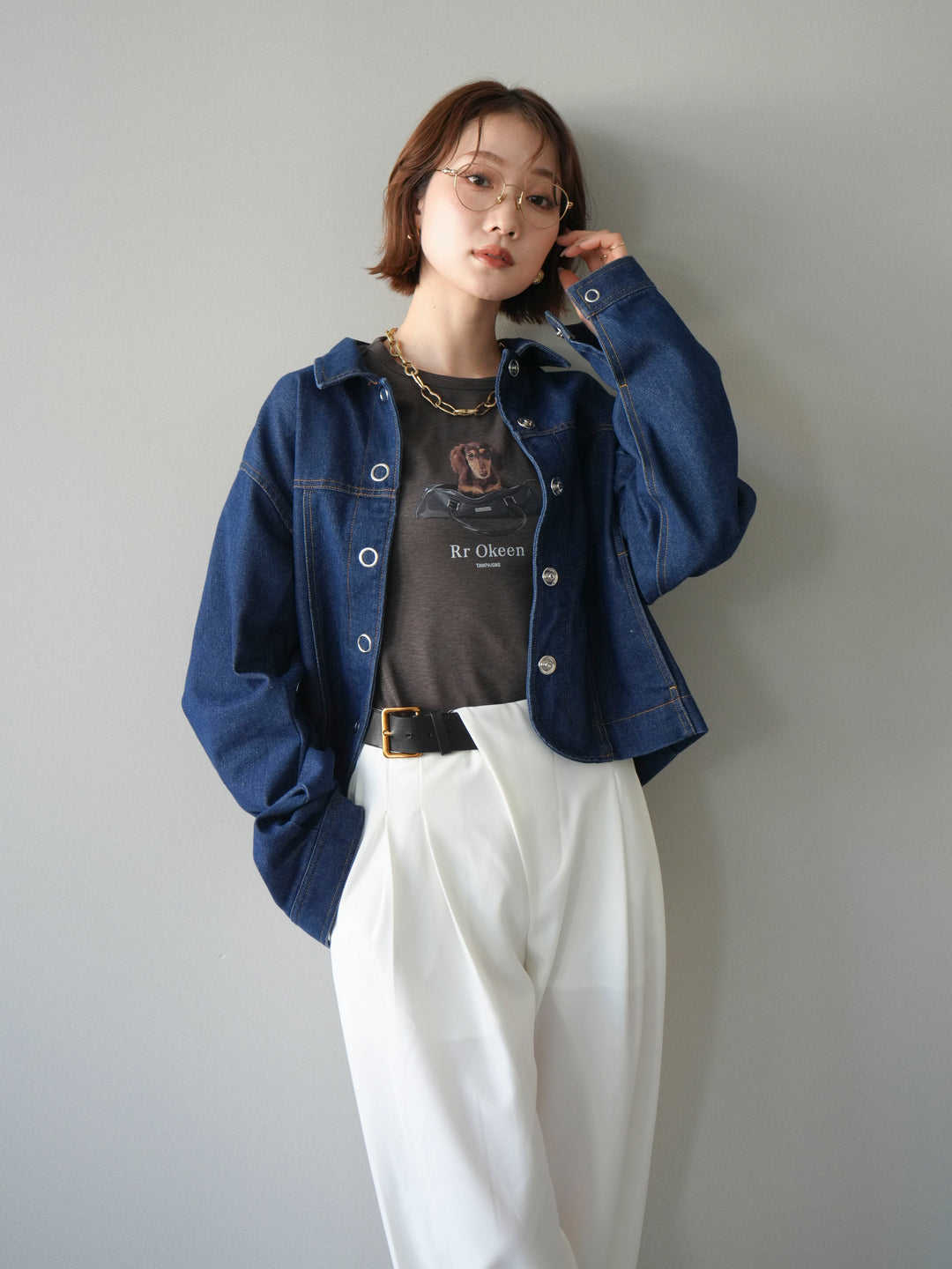 [SET]ラウンドカットコンパクトデニムジャケット+ドッグコンパクトTEE(2set)