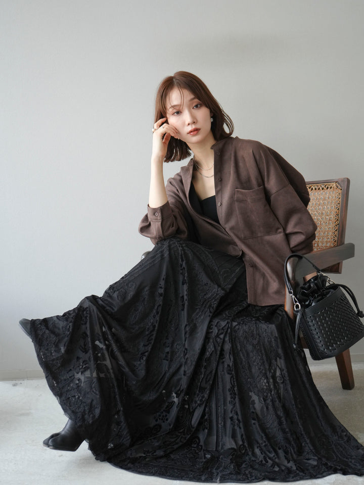 [SET]スエードバンドカラーオーバーシャツ+アンティーク柄フロッキーマキシスカート(2set)