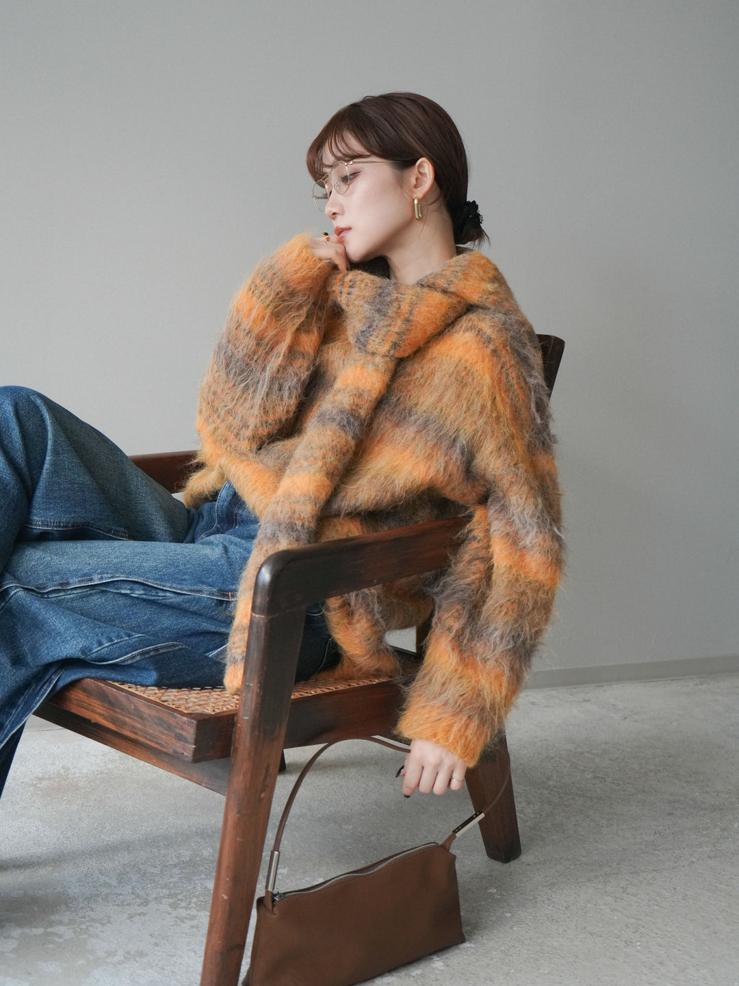 [予約]ストール付シャギーマルチボーダーニットプルオーバー/yellow