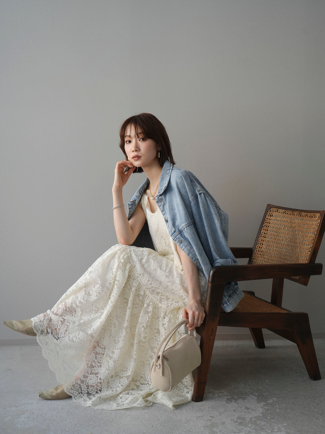 [予約]ギャザー切替レースキャミワンピース/ivory