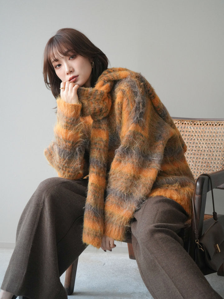 [予約]ストール付シャギーマルチボーダーニットプルオーバー/yellow