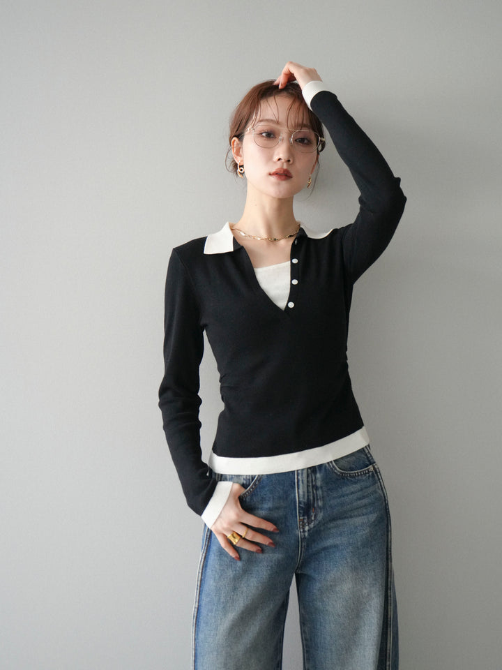 [予約]レイヤード配色ポロニットトップス/black