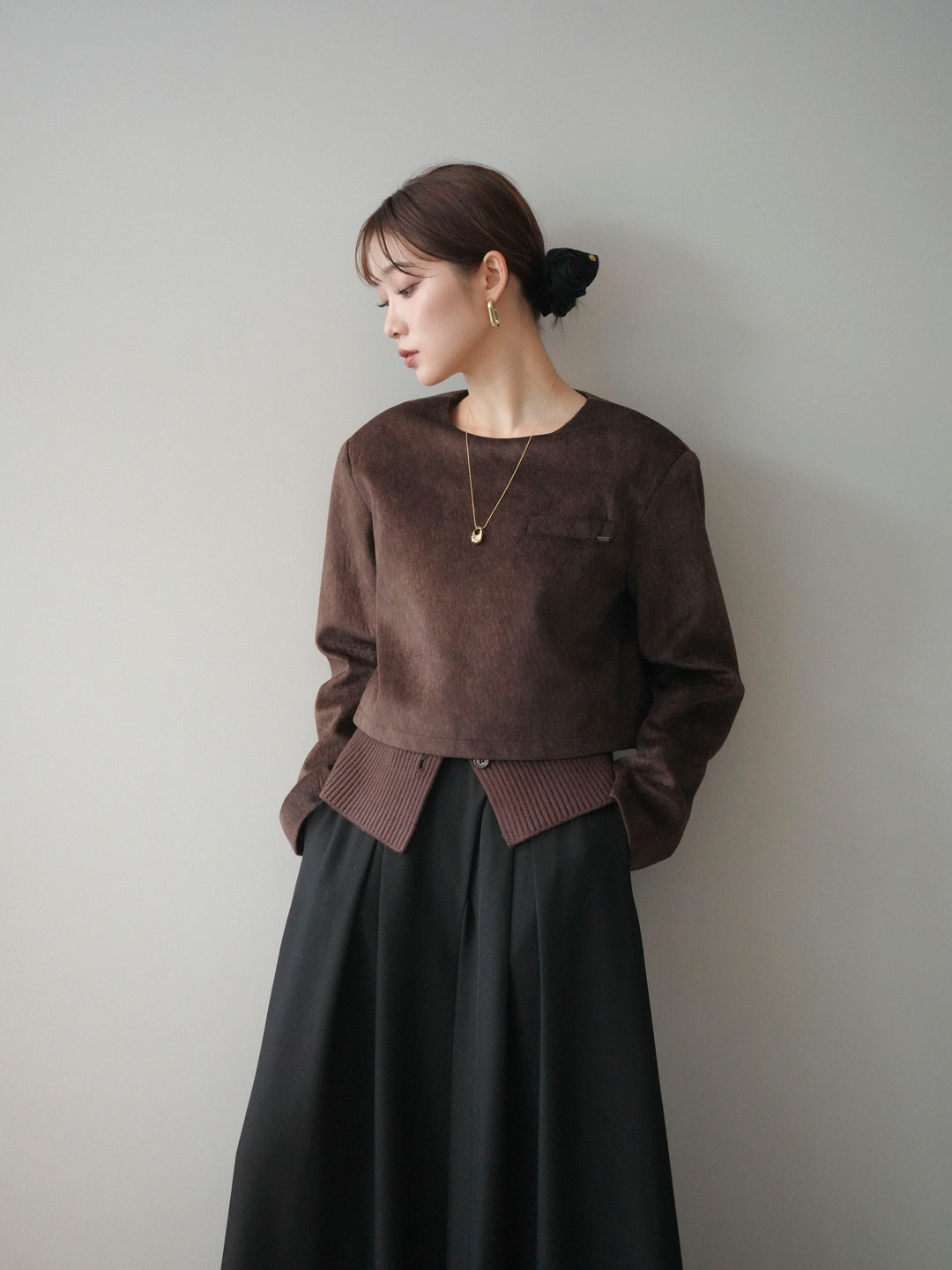 [予約]リブニットレイヤードスエードプルオーバー/brown