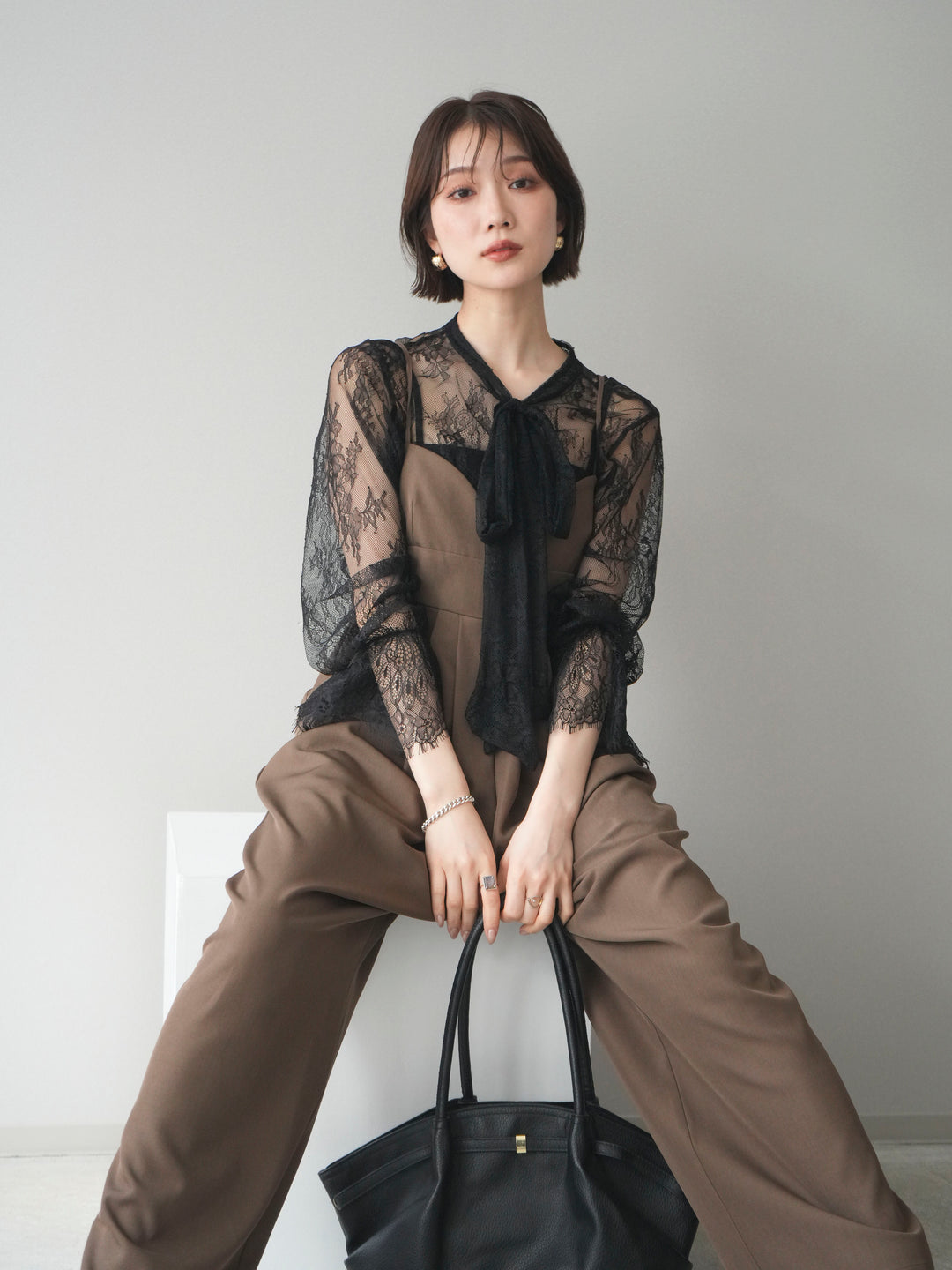 [SET]バックデザインサロペット+リバーレースボウタイトップス(2set)