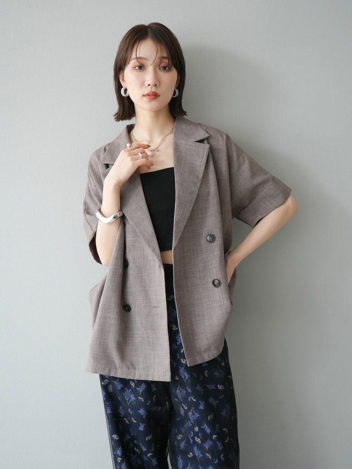 [SET]リネンライクハーフテーラードジャケット+コード刺繍チュールレイヤードパンツ(2set)