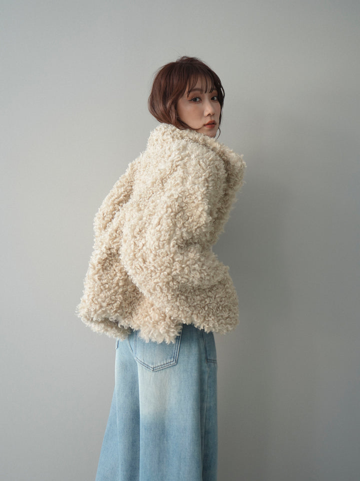 [SET]プードルファーミドルスタンドブルゾン+チュールレーストップス+ベルト付裏起毛カーブデニムパンツ(3set)