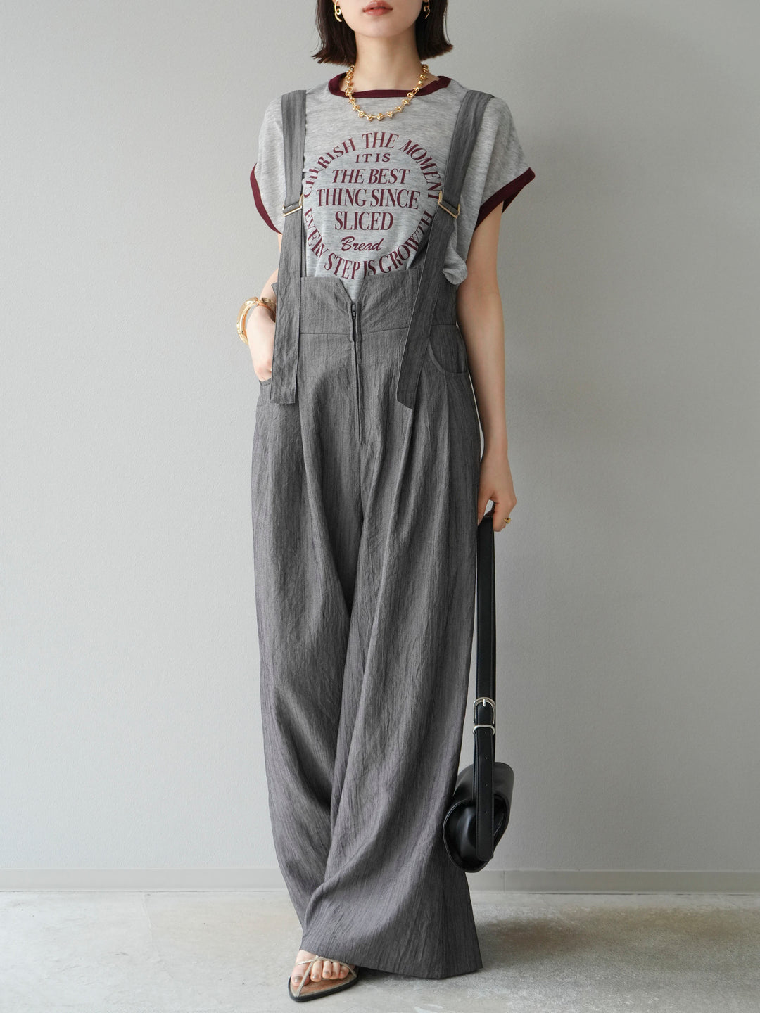 [予約]ストリングデザインハイウエストサロペット/チャコール