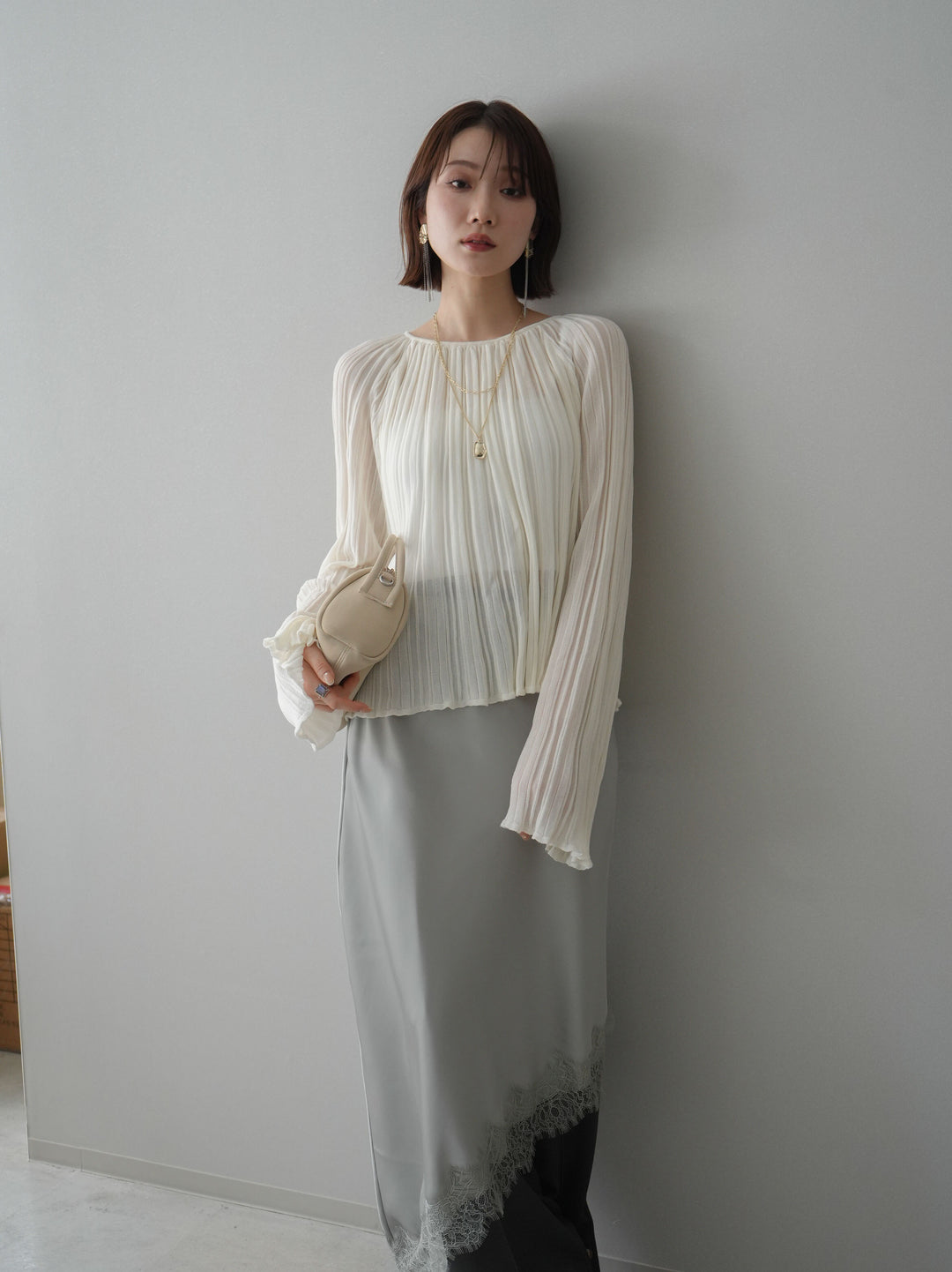 [SET]プリーツシアーフレアスリーブニットトップス+プリーツシアーフレアスリーブニットトップス(2set)