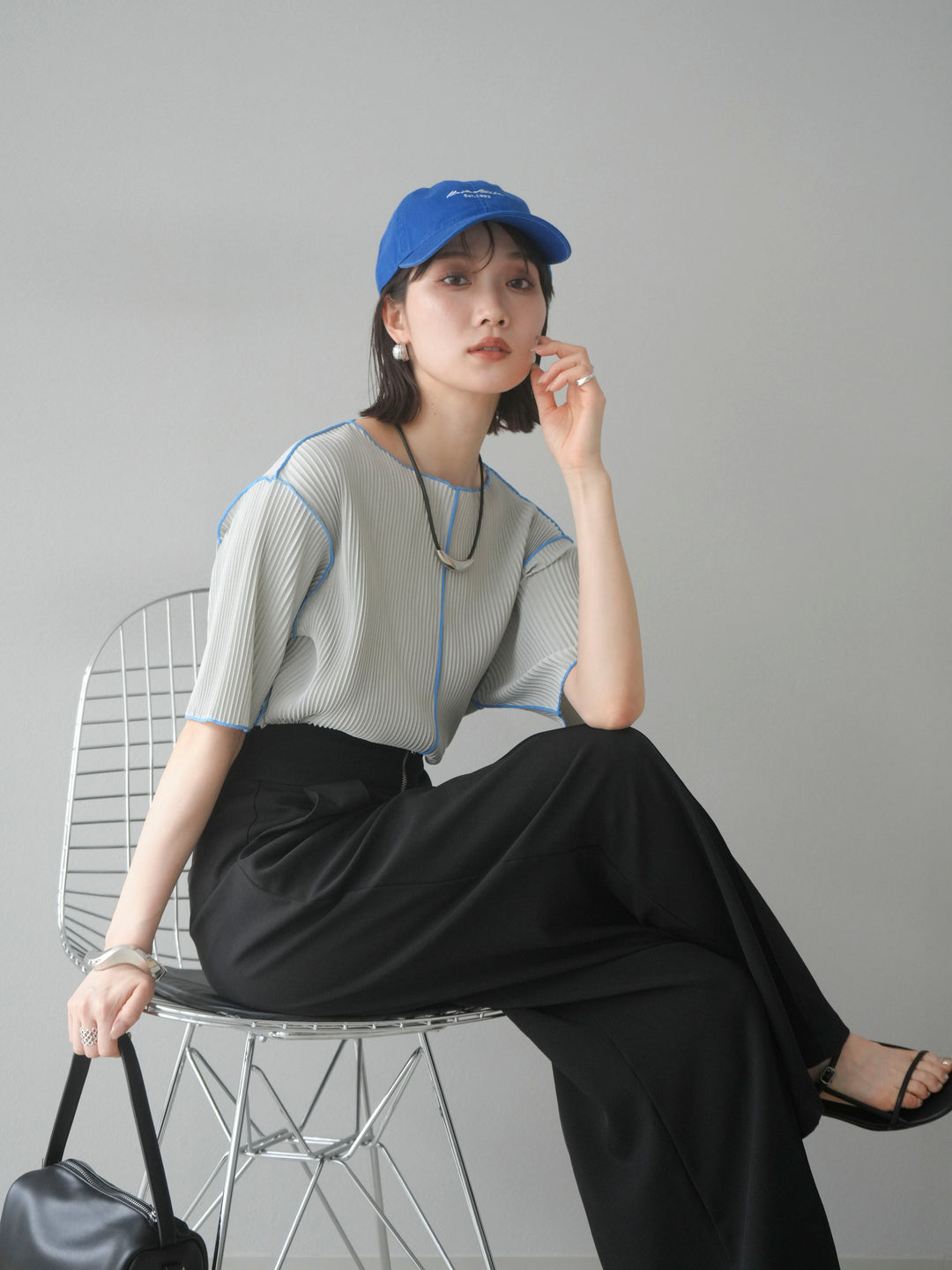 【SET】配色褶皺半袖上衣 + 配色褶皺半袖上衣 (2 件套)