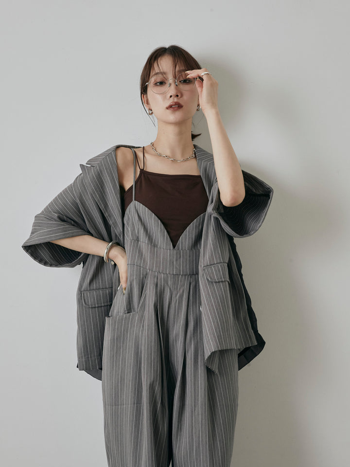 [予約]ヘリンボーンストライプサロペット/チャコール