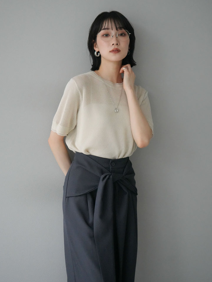 [SET]リネンタッチ配色二重臼ハーフニットトップス+ウエスト巻きデザインワイドパンツ(2set)