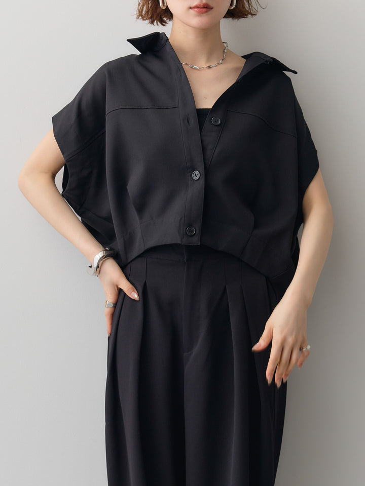 【套裝】縐綢燈籠無袖襯衫 + 縐綢闊腿褲（兩件套）