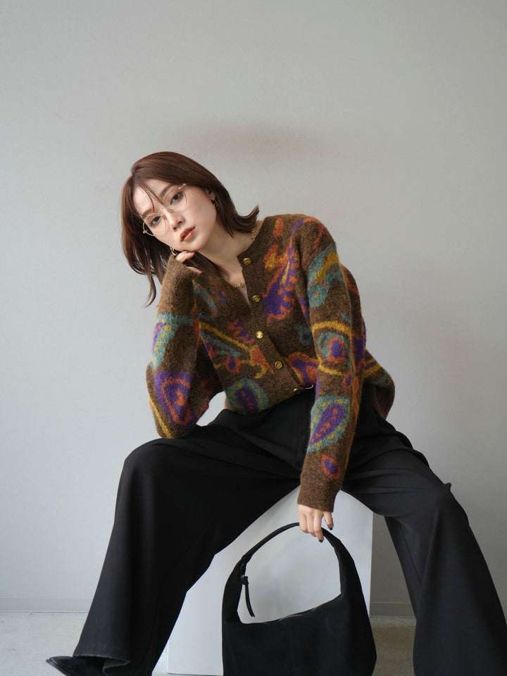 【着回しセット】[SET]求心柄クロップドニットカーディガン+ミックスヤーンペイズリー柄ニットカーディガン+ベルトループデザインワイドパンツ(3set)