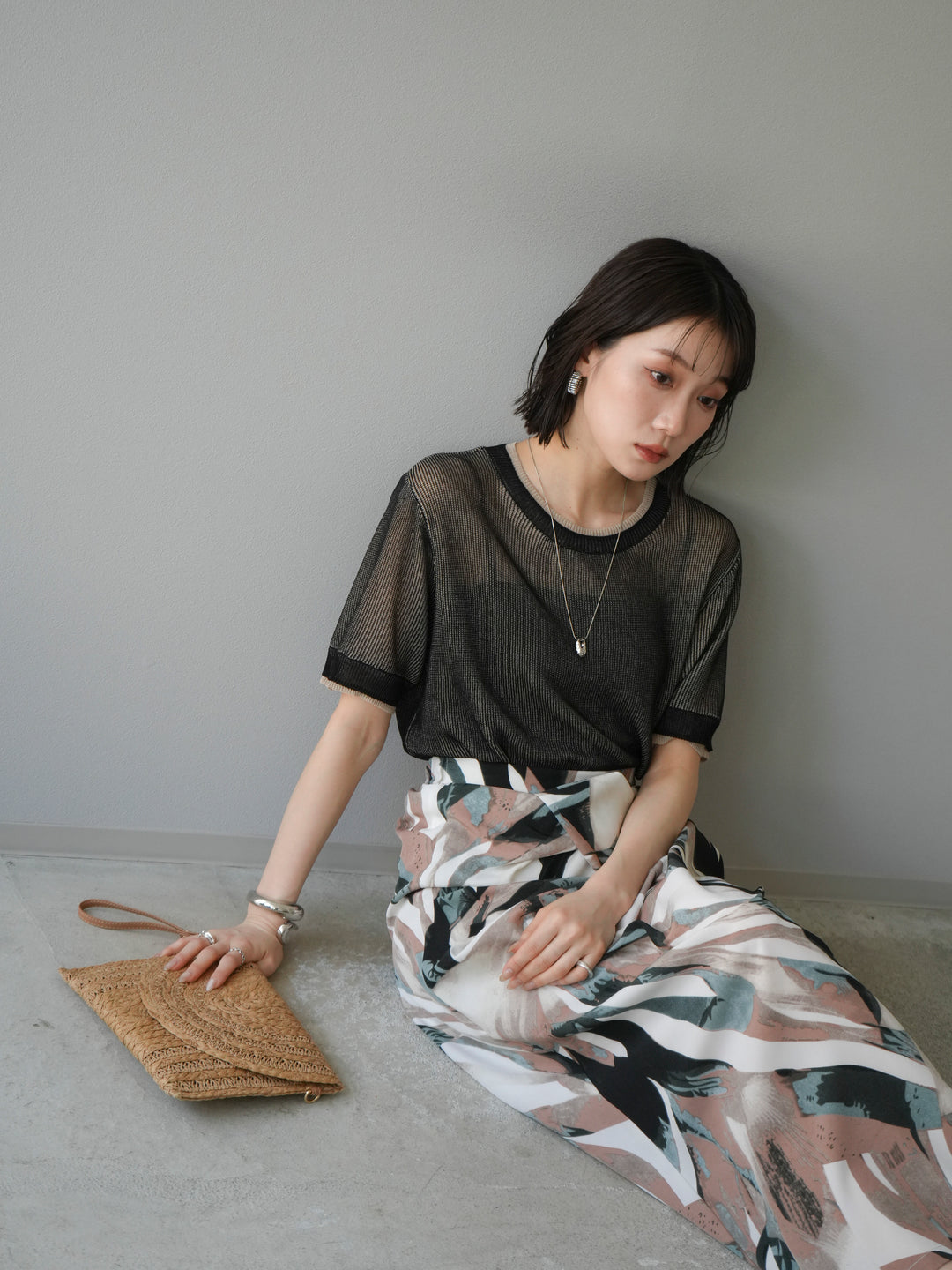 [SET]リネンタッチ配色二重臼ハーフニットトップス+選べるアソート柄スカートセット(2set)